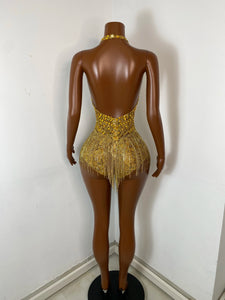 TIANJIN Gold Rhinestone Fringe Bodysuit