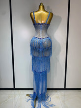 Load image into Gallery viewer, HARBIN Blue Rhinestone Fringe Mesh Gown
