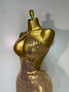 DALIAN Gold Sequin Halter Gown