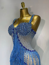 Load image into Gallery viewer, HARBIN Blue Rhinestone Fringe Mesh Gown

