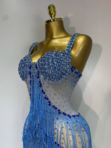 HARBIN Blue Rhinestone Fringe Mesh Gown