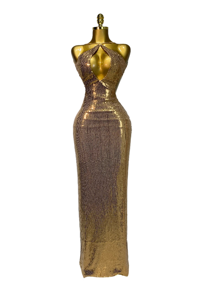 DALIAN Gold Sequin Halter Gown