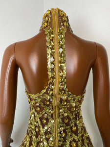 HUBEI Gold Crystal Halter Dress