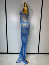 Load image into Gallery viewer, HARBIN Blue Rhinestone Fringe Mesh Gown
