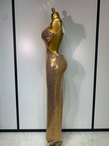 DALIAN Gold Sequin Halter Gown