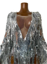 Load image into Gallery viewer, Mannequin wearing a silver sequin fringe garment against a plain background
