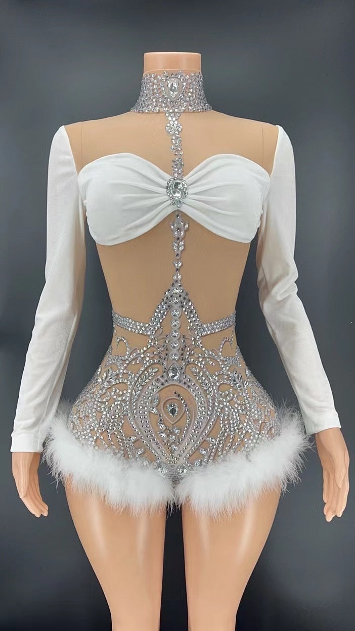 YVES Mesh Crystal Furr Playsuit